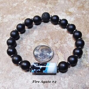 Winter Night Sky + Snowfall! Stunning Fire Agate Stretch Bracelet ~ 7" Wrists